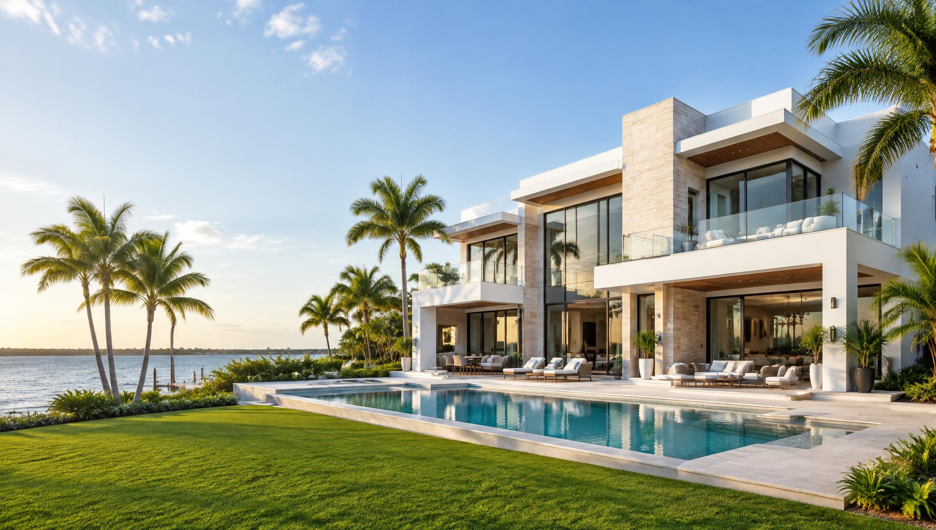 Modern coastal home overlooking a pool and palm-lined waterfront